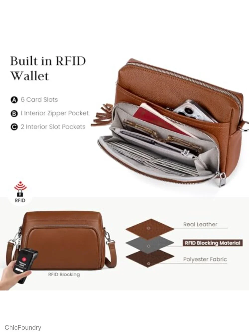 Genuine Leather Crossbody Purse with RFID Wallet and Adjustable Strap